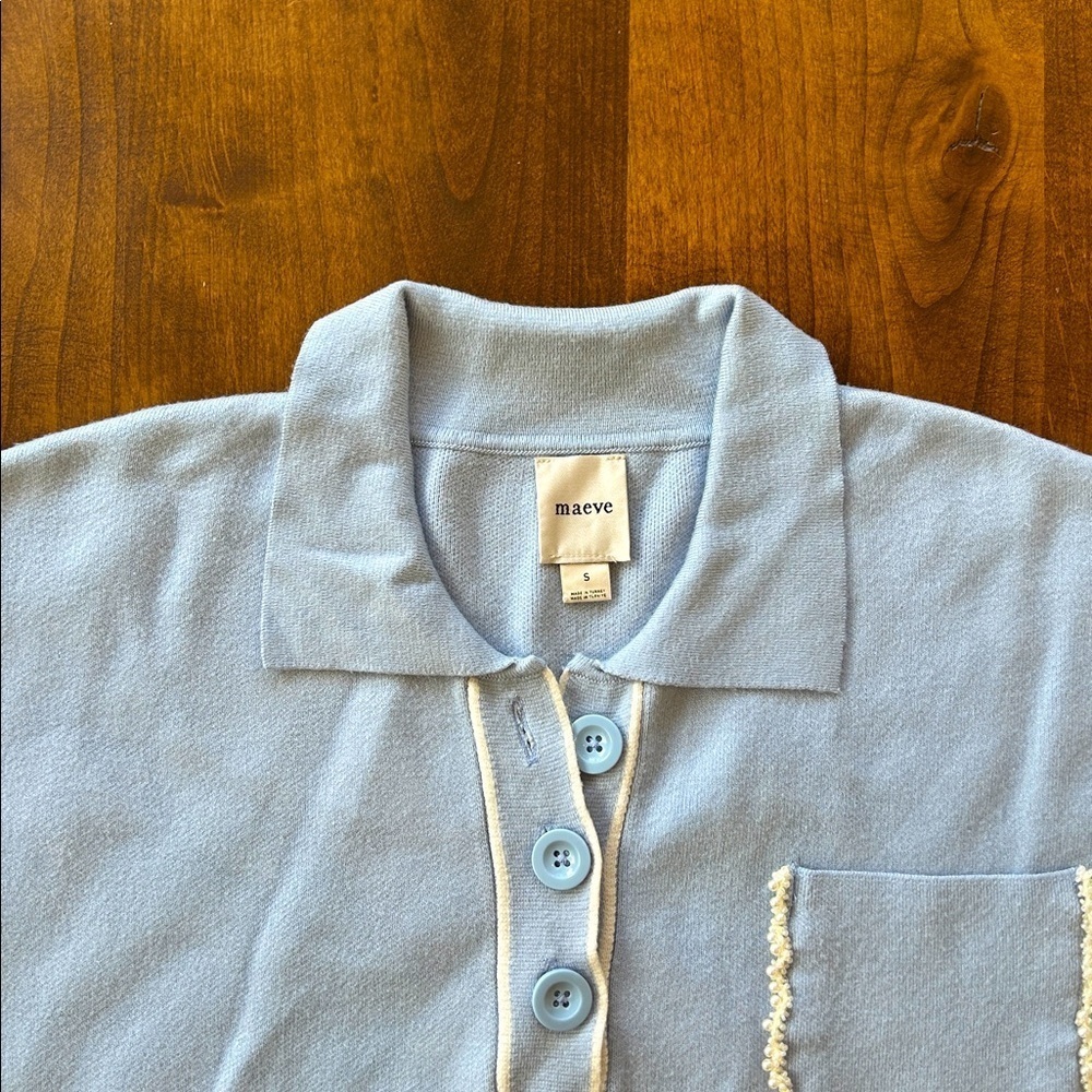 Maeve Anthropologie The Elliot Light Blue Pearl Embellished Knit Polo Top Size S - Picture 4 of 7